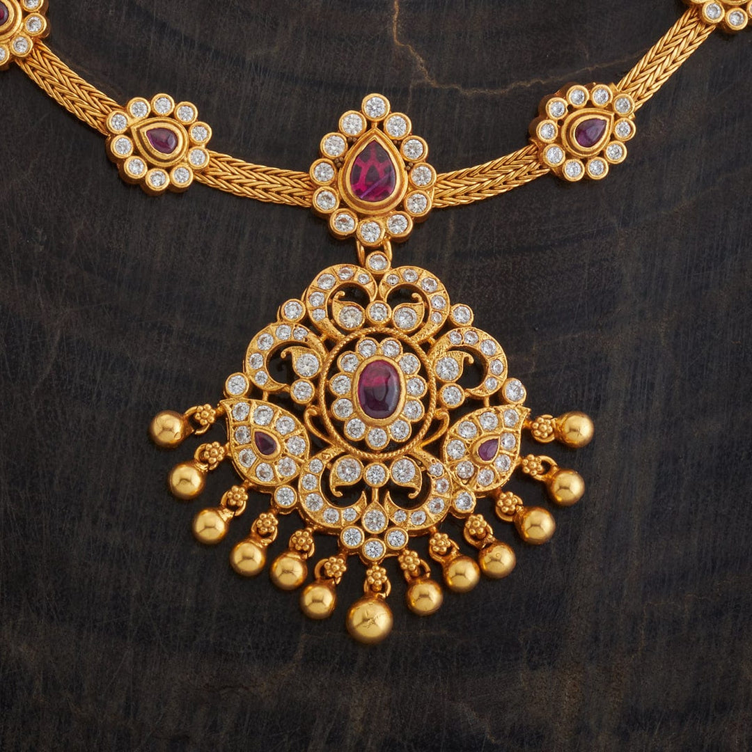 92.5 Pure Silver Flower Design Festive Temple Necklace