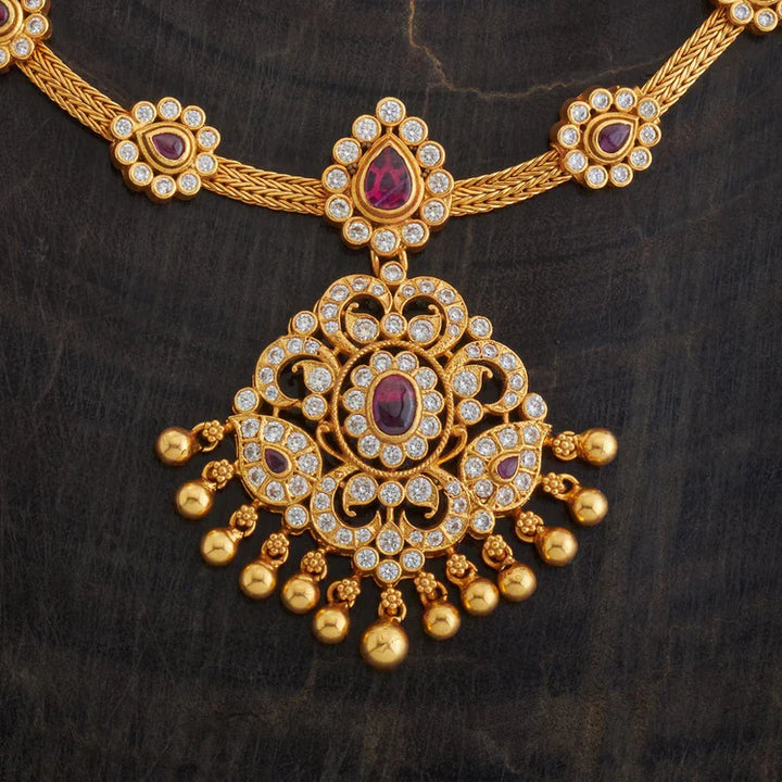 92.5 Pure Silver Flower Design Festive Temple Necklace