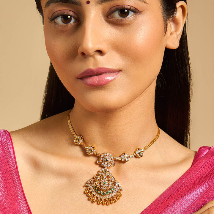 Pure 92.5 Silver Gold-Plated Cz Stone Necklace with Floral  Pendant and Dangling Beads
