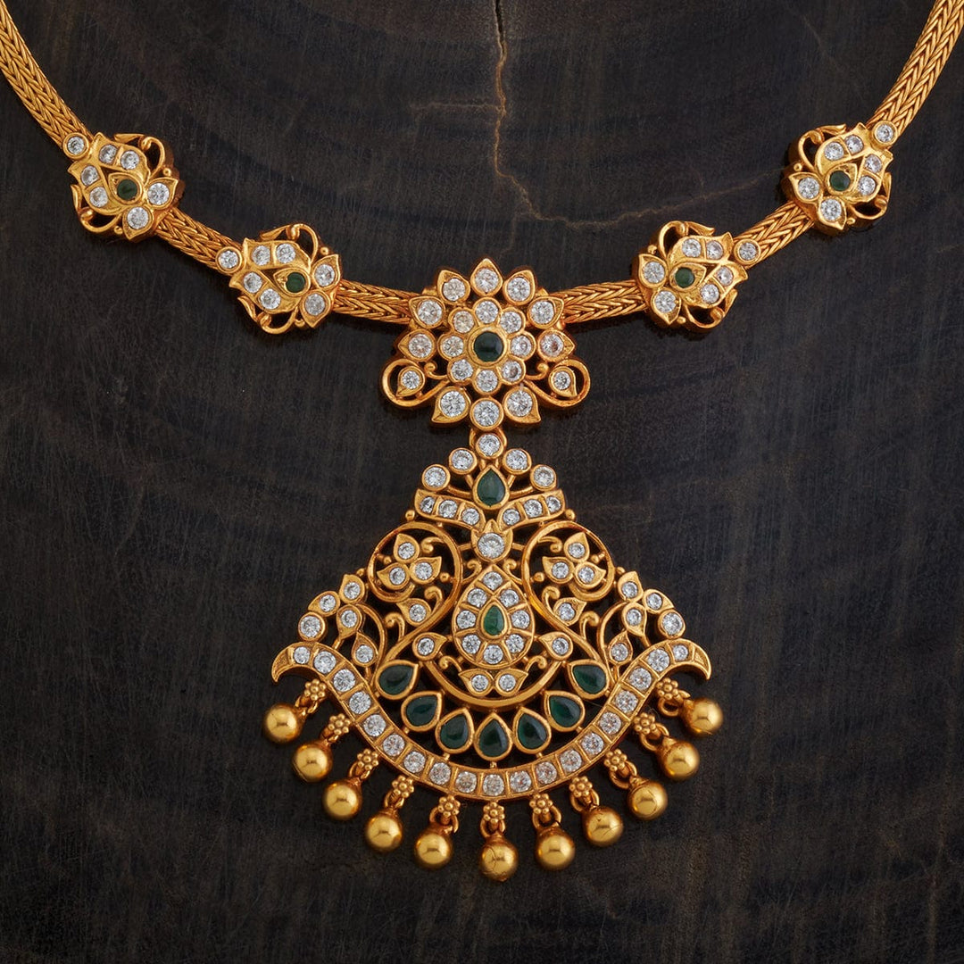 Pure 92.5 Silver Gold-Plated Cz Stone Necklace with Floral  Pendant and Dangling Beads