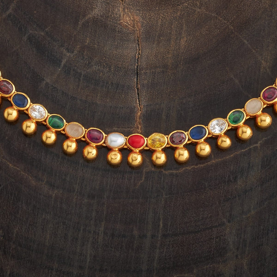 Pure 92.5 Silver Gold-Plated Gold Beaded Necklace with Oval Navaratna Stones