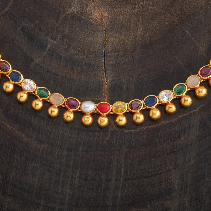 Pure 92.5 Silver Gold-Plated Gold Beaded Necklace with Oval Navaratna Stones