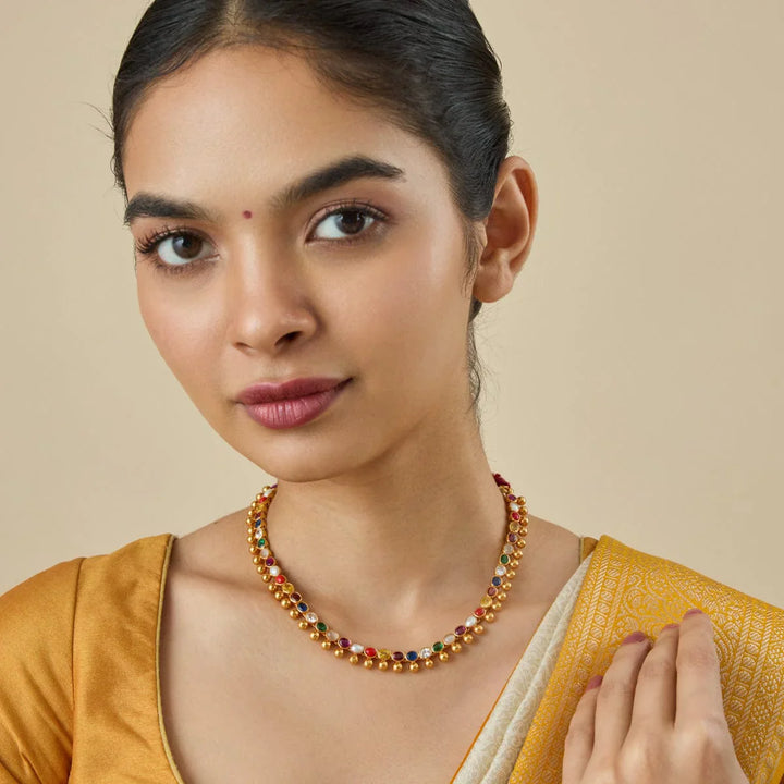 Pure 92.5 Silver Gold-Plated Gold Beaded Necklace with Oval Navaratna Stones