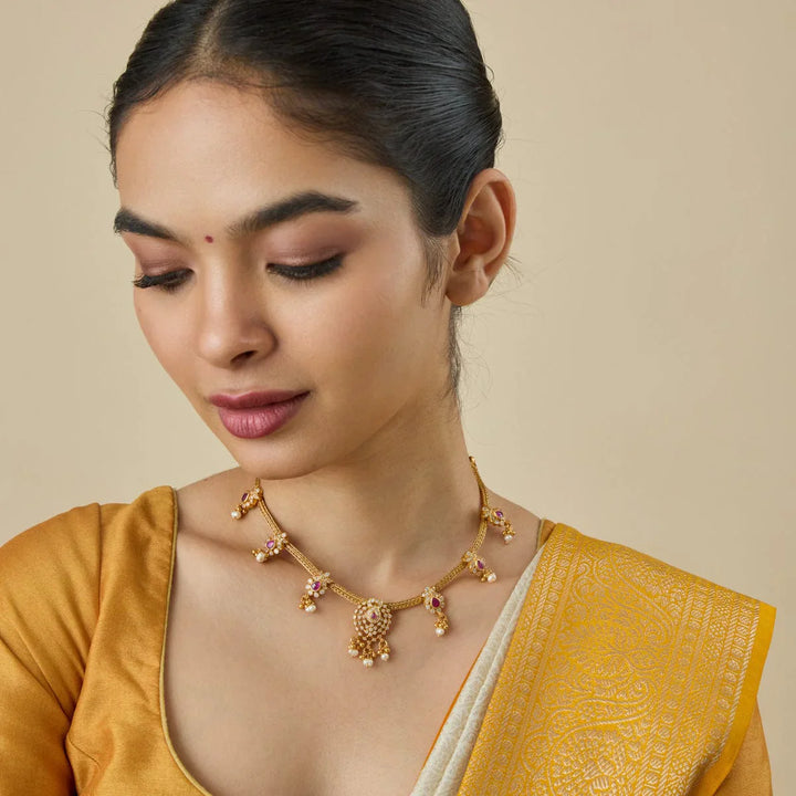 Pure 92.5 Silver Gold-Plated Floral Units Necklace with Dangling Beads