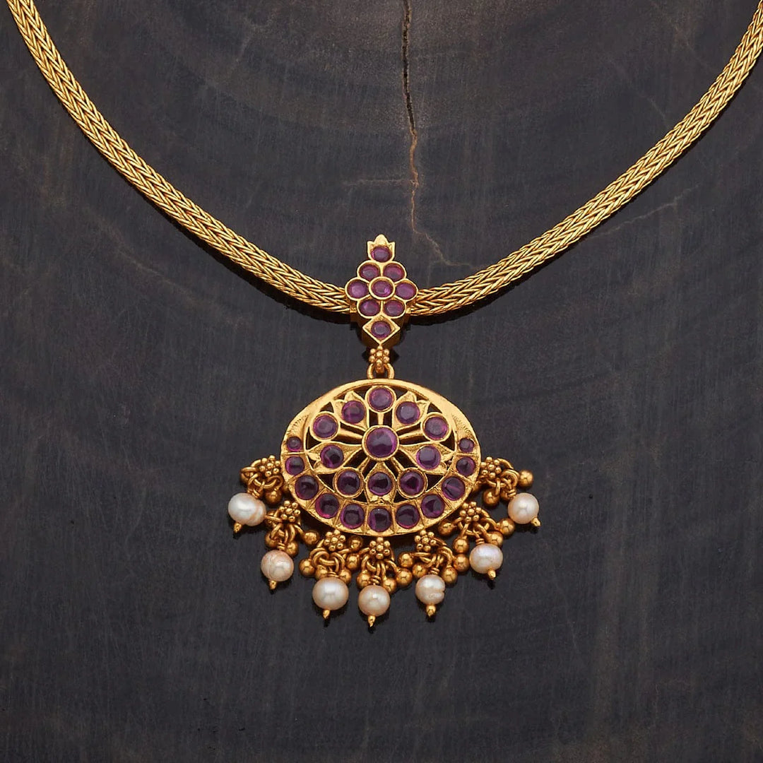 Pure 92.5 Silver Gold Plated Temple Necklace with Stones and Pearls