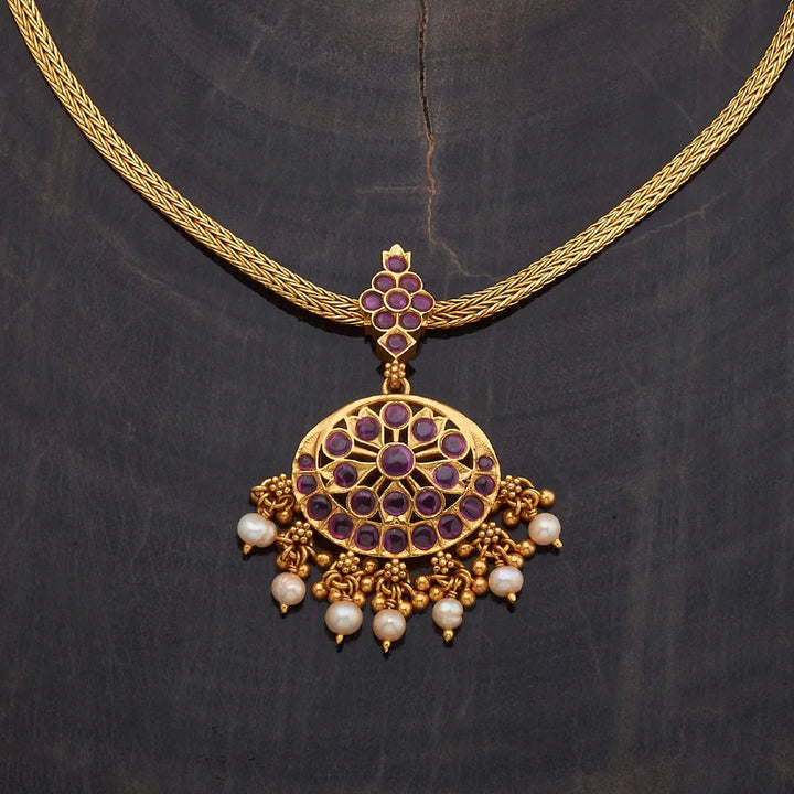 Pure 92.5 Silver Gold Plated Temple Necklace with Stones and Pearls
