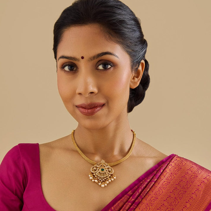 Pure 92.5 silver Gold Plated Necklace with CZ Stone Floral Pendant and Dangling Beads
