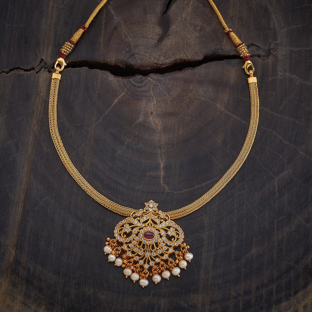 Pure 92.5 Silver Gold-Plated Temple Necklace with Ruby and CZ Pendant and Pearl Drops