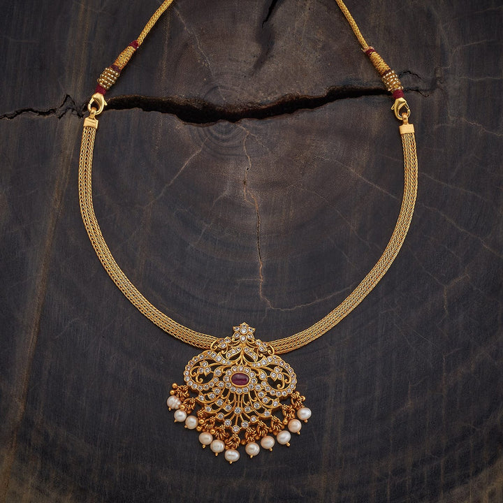 Pure 92.5 Silver Gold-Plated Temple Necklace with Ruby and CZ Pendant and Pearl Drops