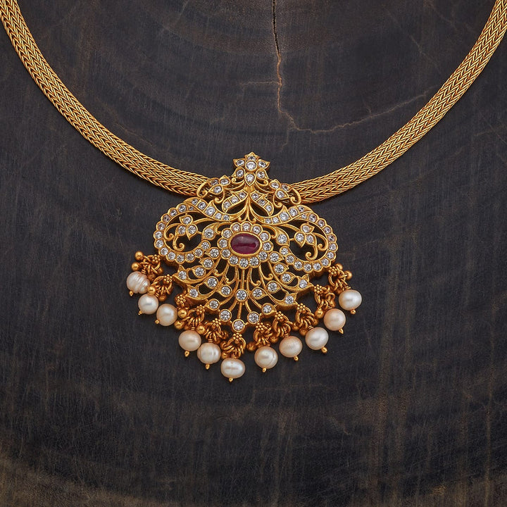 Pure 92.5 Silver Gold-Plated Temple Necklace with Ruby and CZ Pendant and Pearl Drops