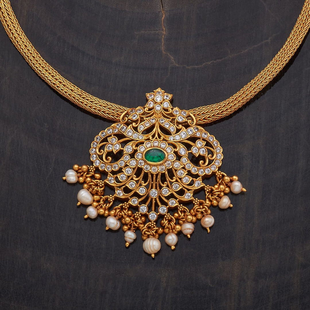 Pure 92.5 silver Gold Plated Necklace with CZ Stone Floral Pendant and Dangling Beads