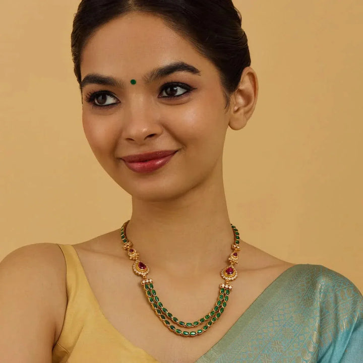 Pure 92.5 Silver Gold-Plated Green Stone Two-Layer Necklace