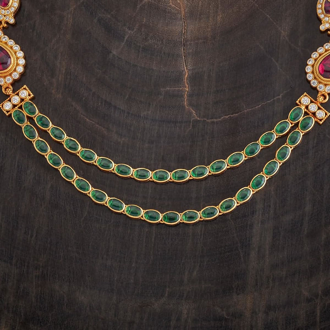 Pure 92.5 Silver Gold-Plated Green Stone Two-Layer Necklace