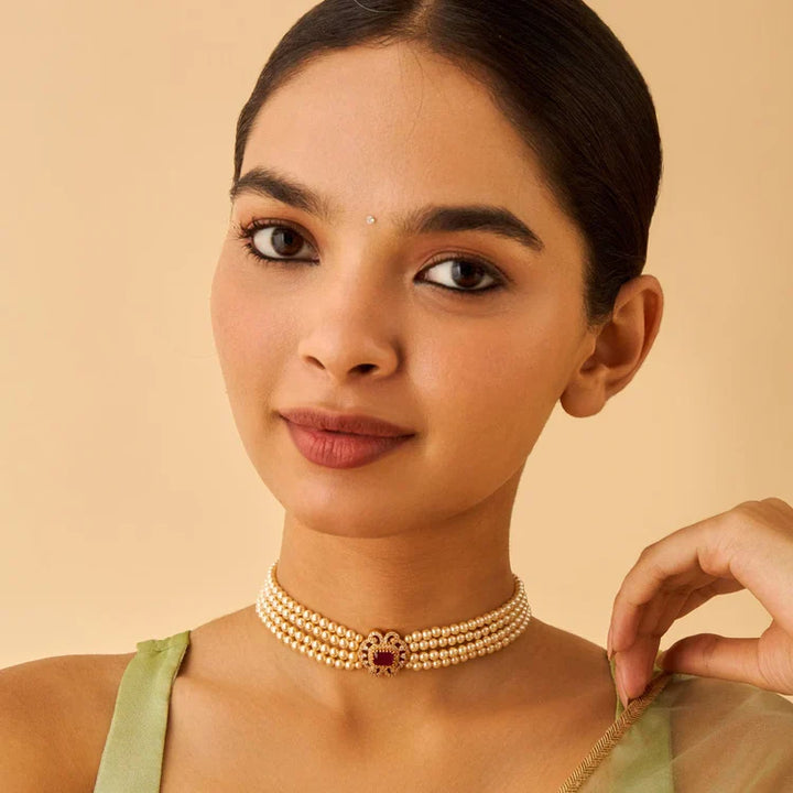 Pure 92.5 Silver Gold Plated Four-Layered Pearl Choker with Emerald Green Stone Necklace