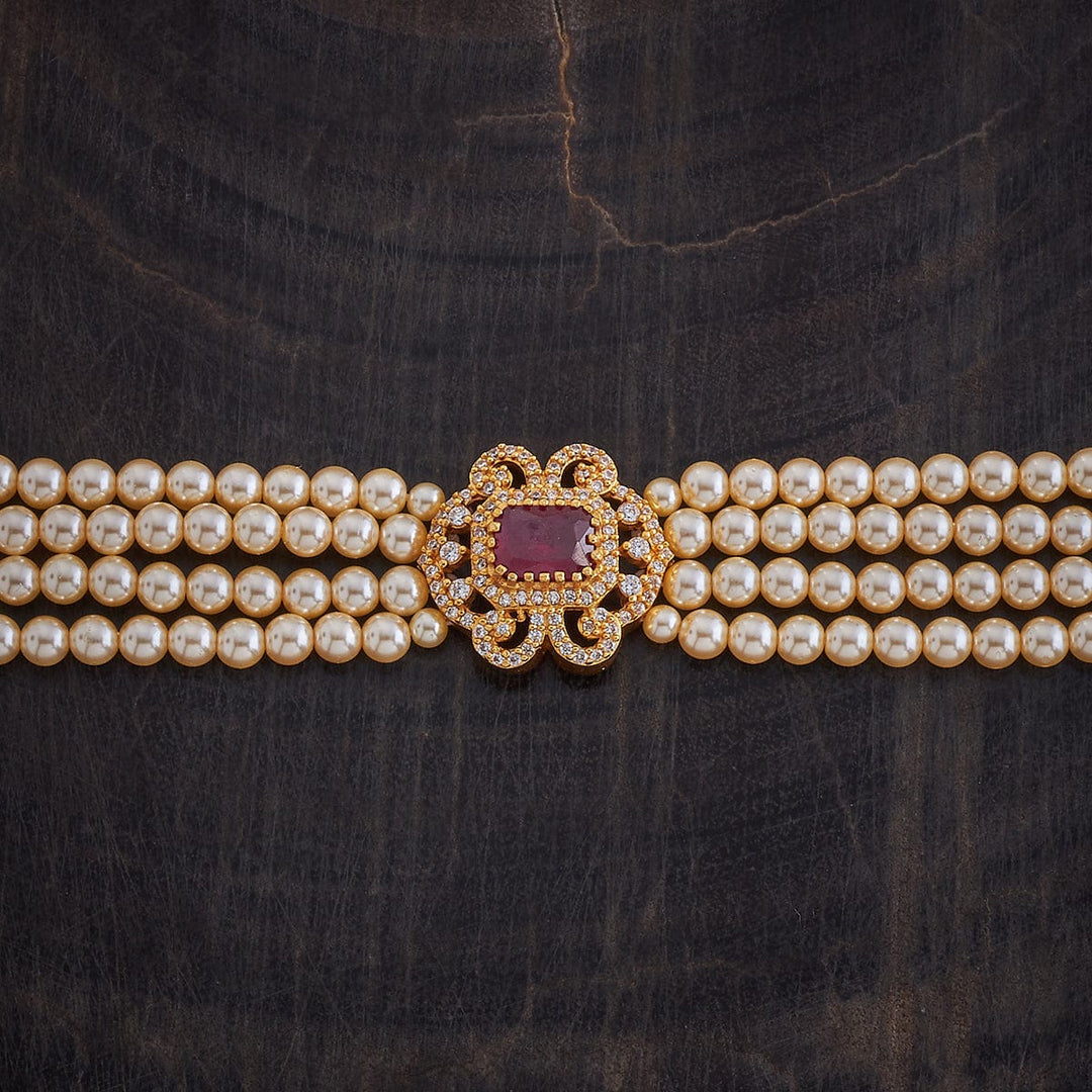 Pure 92.5 Silver Gold Plated Four-Layered Pearl Choker with Emerald Green Stone Necklace