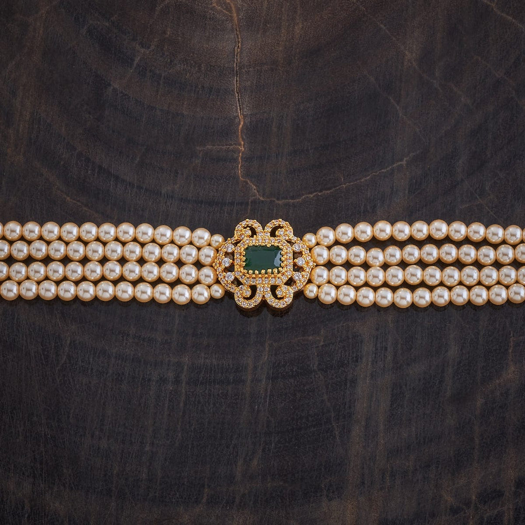 Pure 92.5 Silver Gold Plated Four-Layered Pearl Choker with Emerald Green Stone Necklace