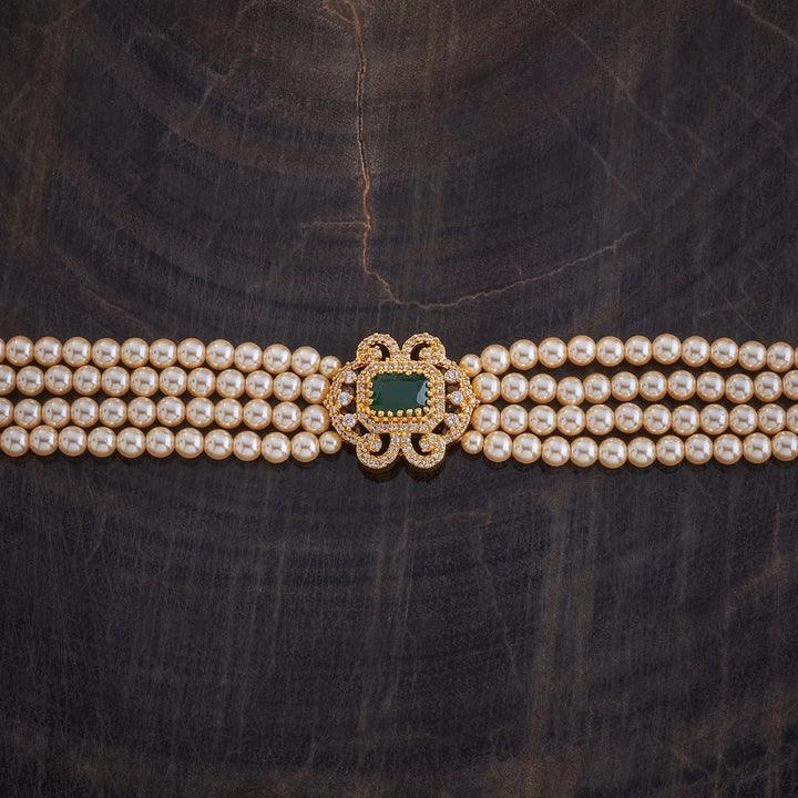 Pure 92.5 Silver Gold Plated Four-Layered Pearl Choker with Emerald Green Stone Necklace