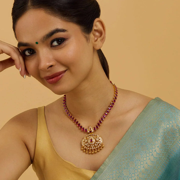 Pure 92.5 Silver, Gold Plated Temple Necklace with Ruby, CZ Stone and dangling beads