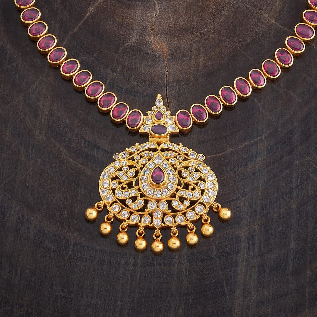 Pure 92.5 Silver, Gold Plated Temple Necklace with Ruby, CZ Stone and dangling beads