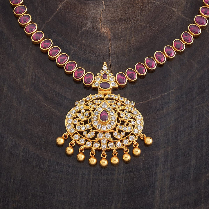Pure 92.5 Silver, Gold Plated Temple Necklace with Ruby, CZ Stone and dangling beads