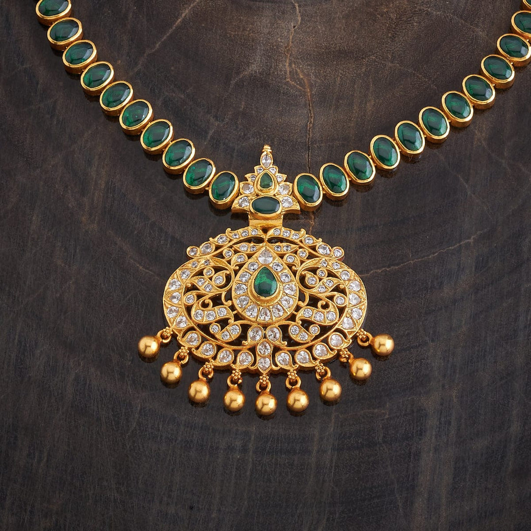 Pure 92.5 Silver, Gold Plated Emerald Green Stones Necklace with CZ Pendant