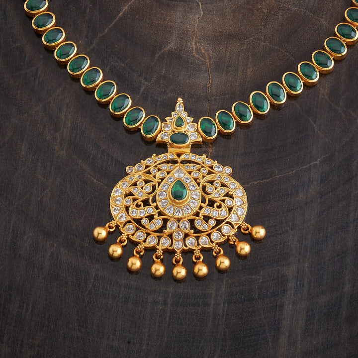 Pure 92.5 Silver, Gold Plated Emerald Green Stones Necklace with CZ Pendant
