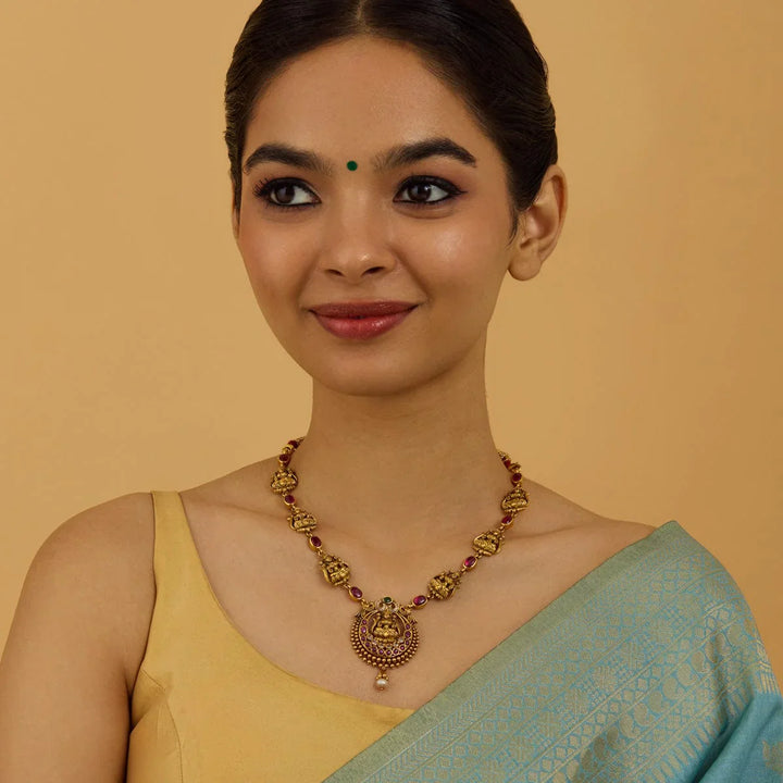 Pure 92.5 Silver Gold-Plated CZ Stone Necklace With Lakshmi Units and Pendant
