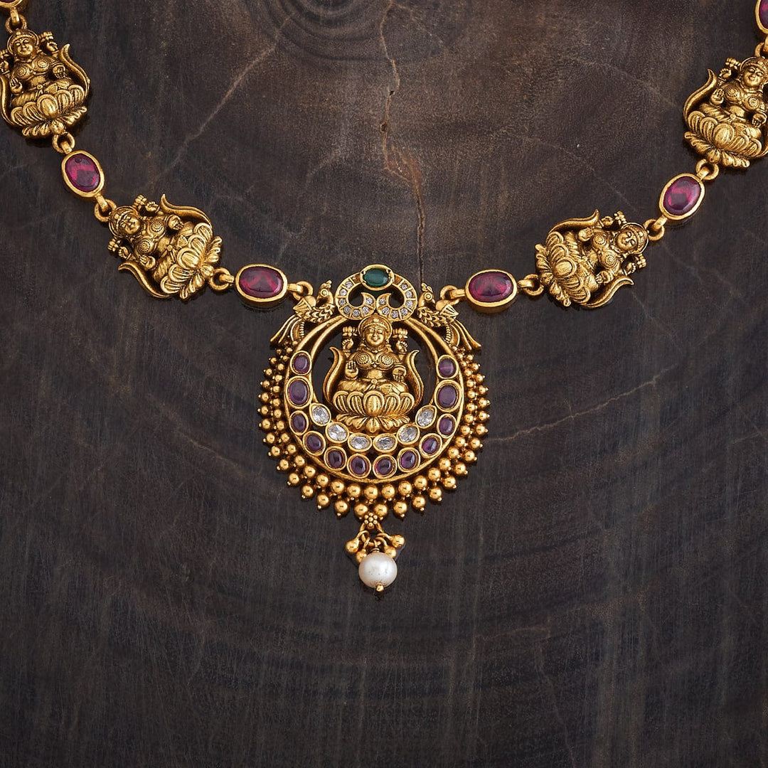Pure 92.5 Silver Gold-Plated CZ Stone Necklace With Lakshmi Units and Pendant