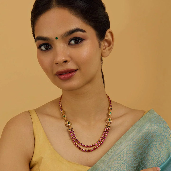 Pure 92.5 Silver, Gold Plated Two Strands of Oval Ruby Stones and Green Accents Necklace