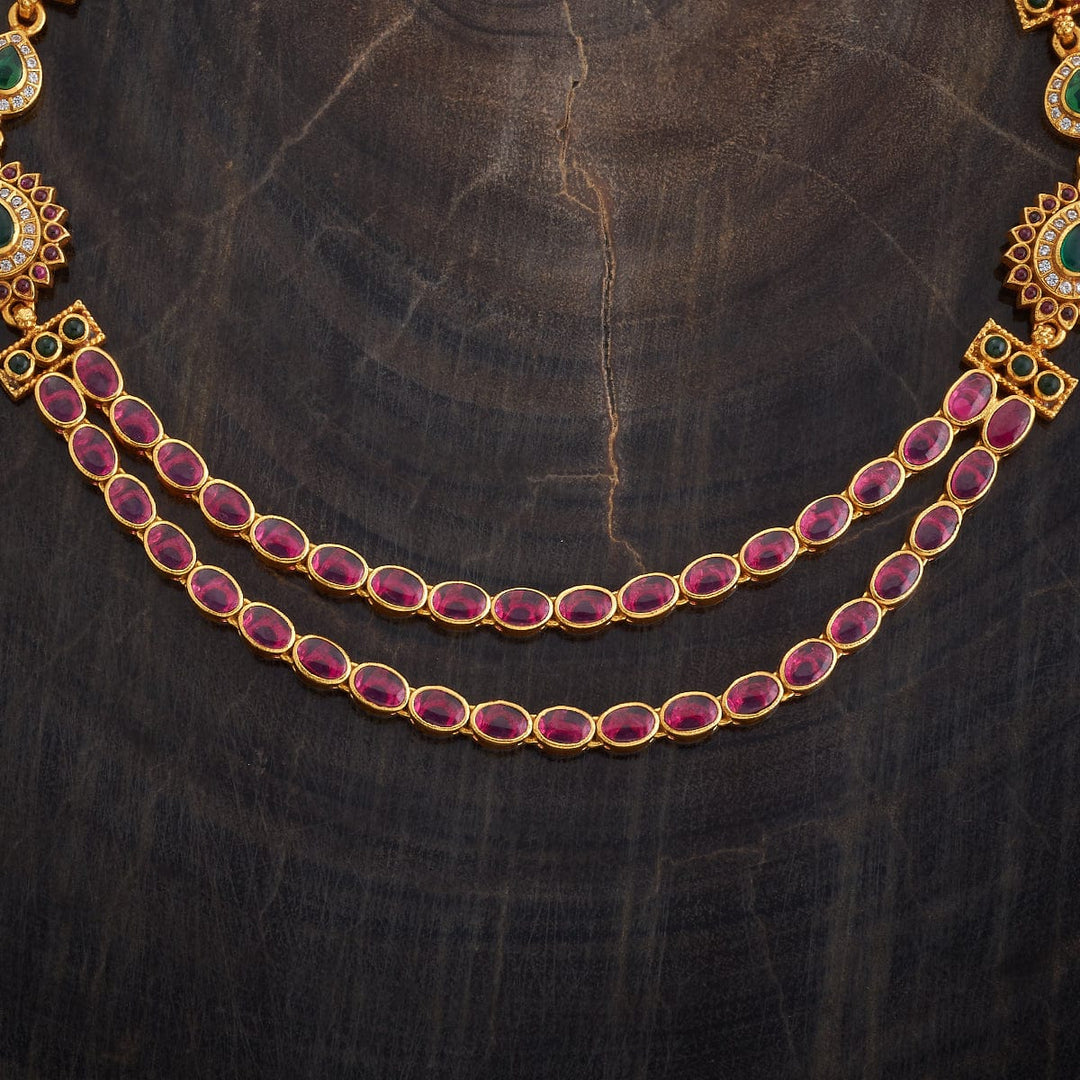Pure 92.5 Silver, Gold Plated Two Strands of Oval Ruby Stones and Green Accents Necklace