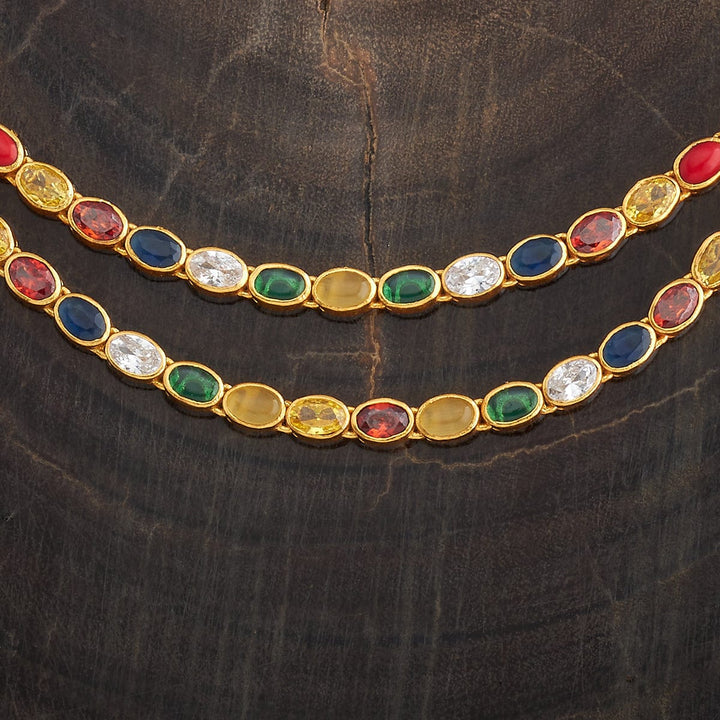 Pure 92.5 Silver, Gold Plated Traditional Double Layered Navaratna Necklace with Oval Design