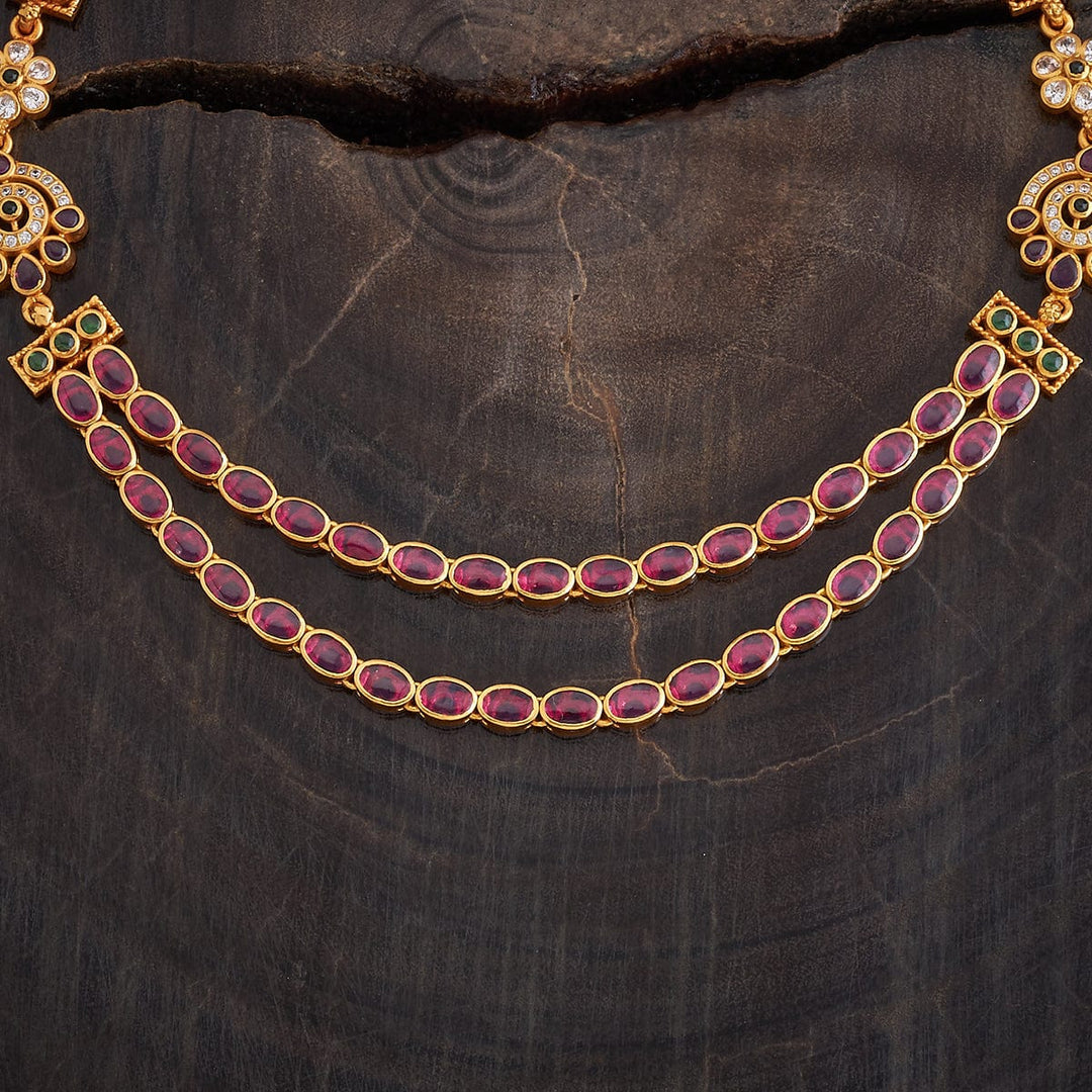 Pure 92.5 Silver, Gold Plated Two Strands Ruby Necklace with White and Green stone Details