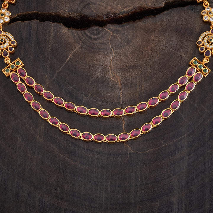 Pure 92.5 Silver, Gold Plated Two Strands Ruby Necklace with White and Green stone Details