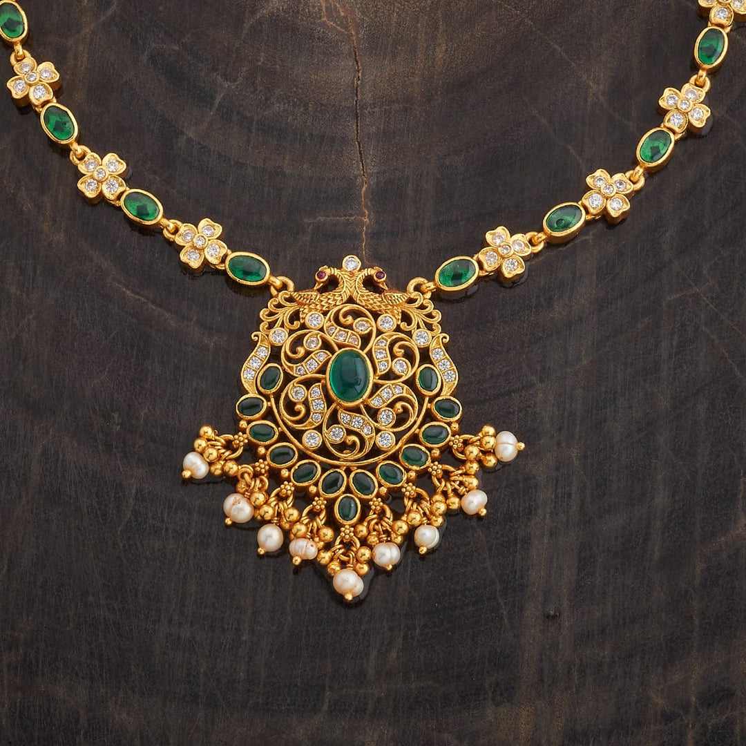Pure 92.5 Silver Gold-Plated Floral Necklace with Stone-Studded Pendant and Emerald Detailing