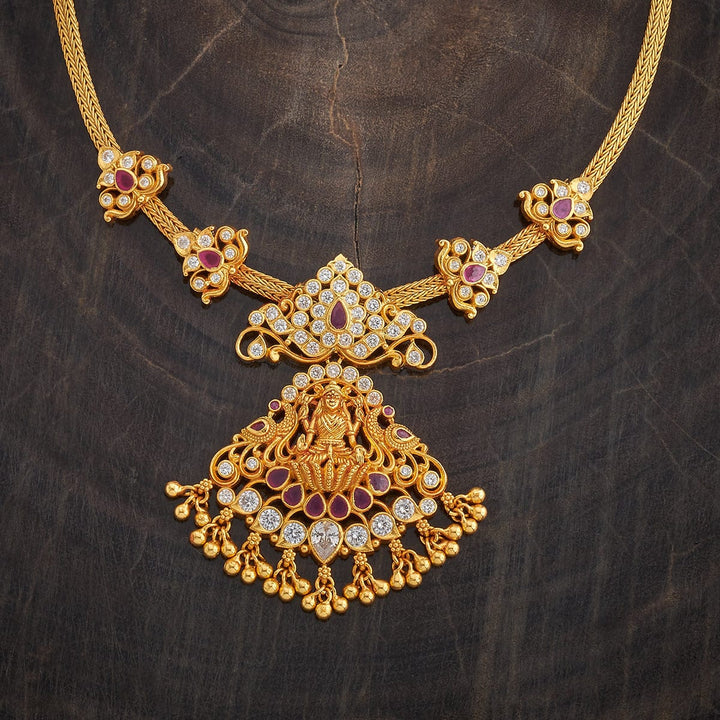 Pure 92.5 Silver, Gold Plated Traditional White Stone Necklace with Ruby Accents and Lakshmi Pendant