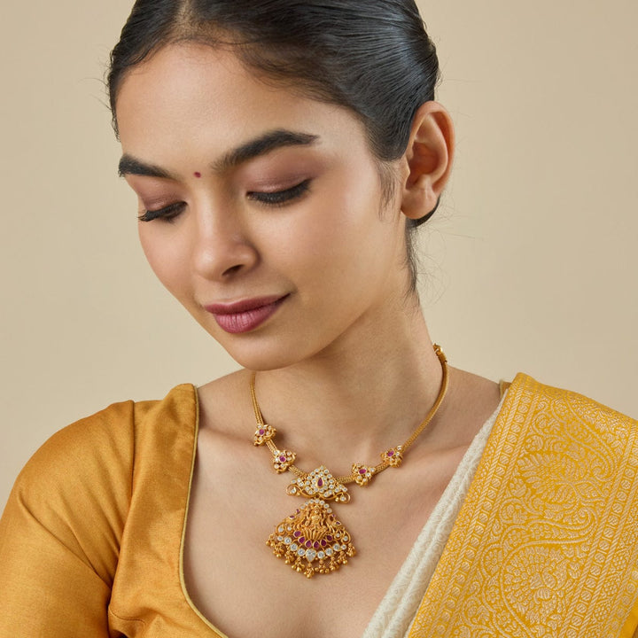 Pure 92.5 Silver, Gold Plated Traditional White Stone Necklace with Ruby Accents and Lakshmi Pendant