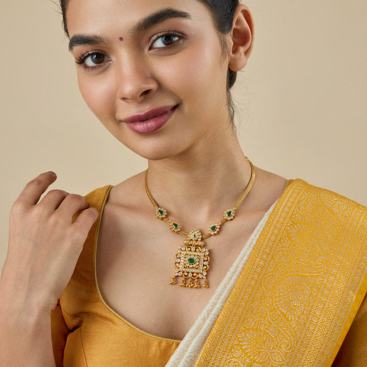 Pure 92.5 Silver Gold-Plated Necklace with Stone-Studded Square Pendant and Chain Details