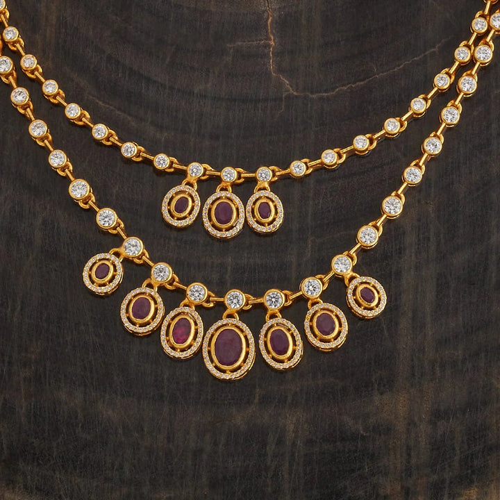 Pure 92.5 Silver, Gold Plated Ruby and White Stone Temple Double Layer Necklace