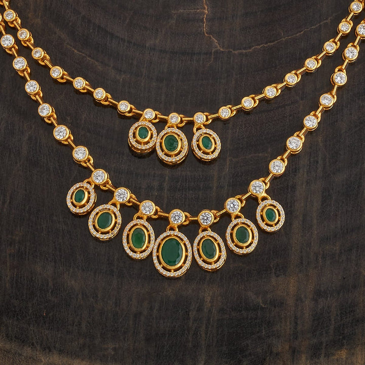 Pure 92.5 Silver, Gold Plated Two Strands Necklace with CZ, Green Stone