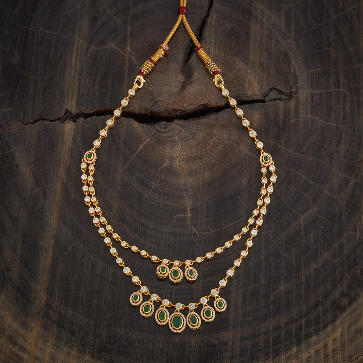Pure 92.5 Silver, Gold Plated Two Strands Necklace with CZ, Green Stone