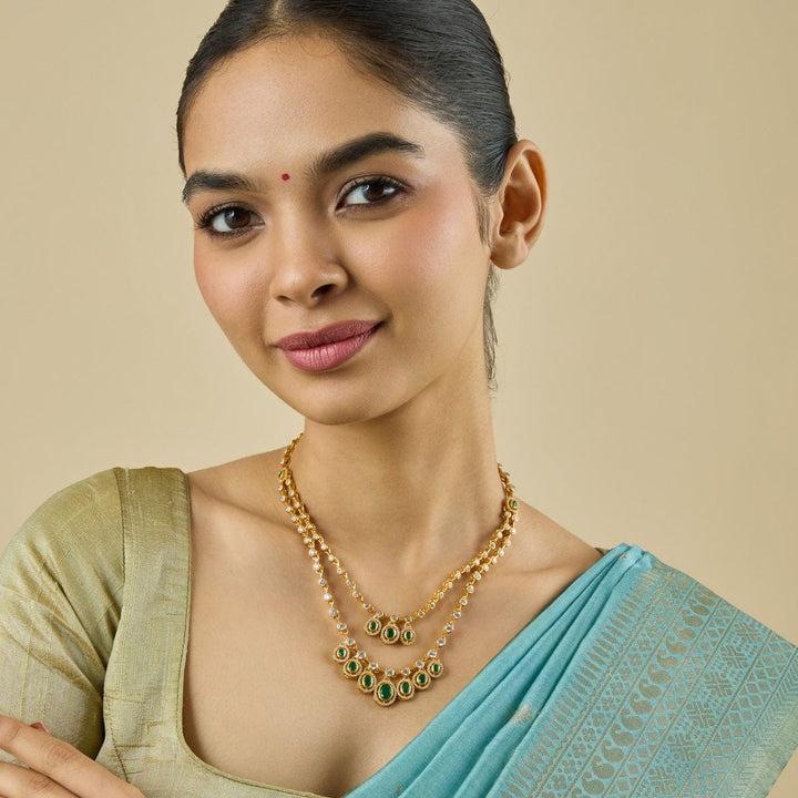 Pure 92.5 Silver, Gold Plated Two Strands Necklace with CZ, Green Stone