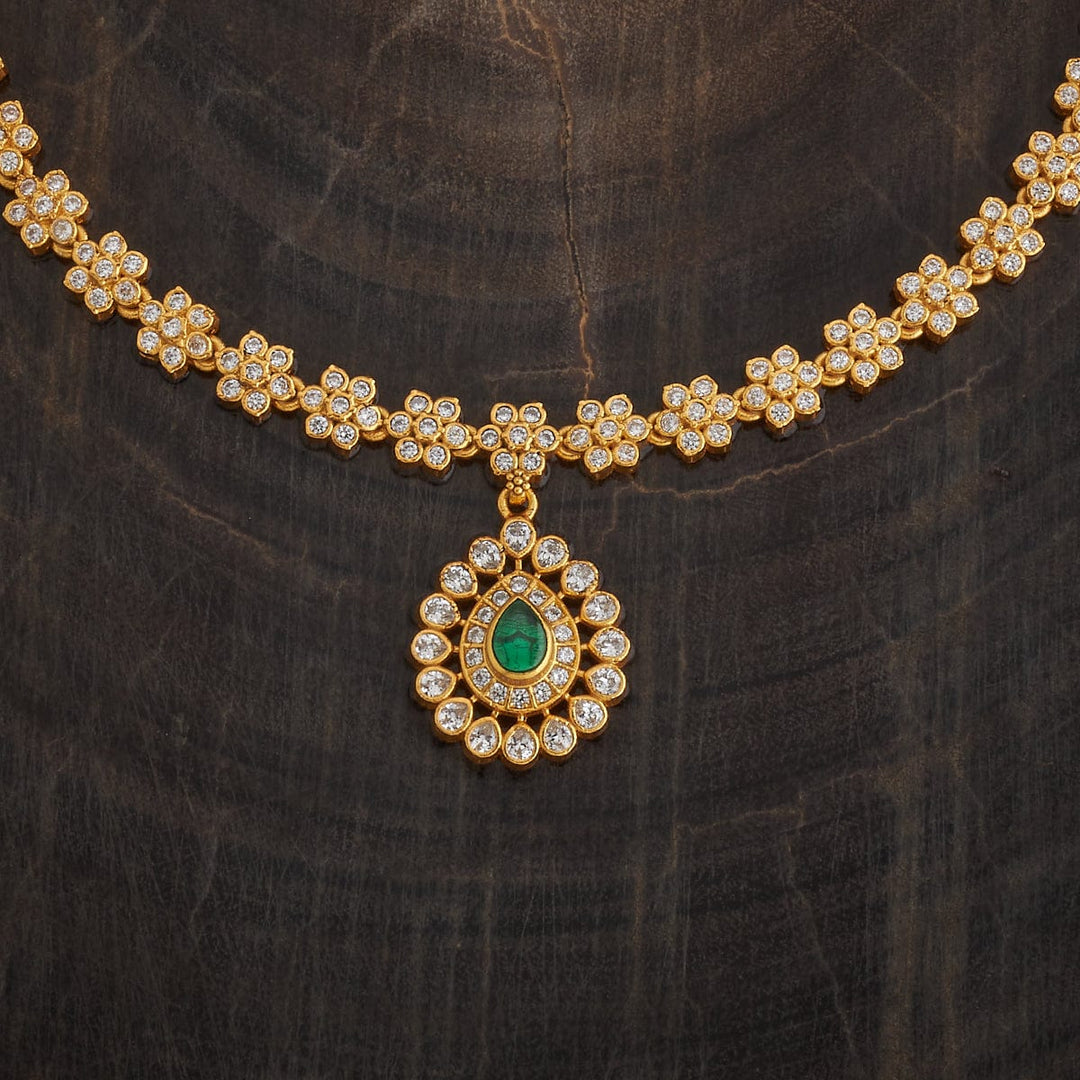 Pure 92.5 Silver Gold-Plated Pendant and White Stone Floral Design Necklace