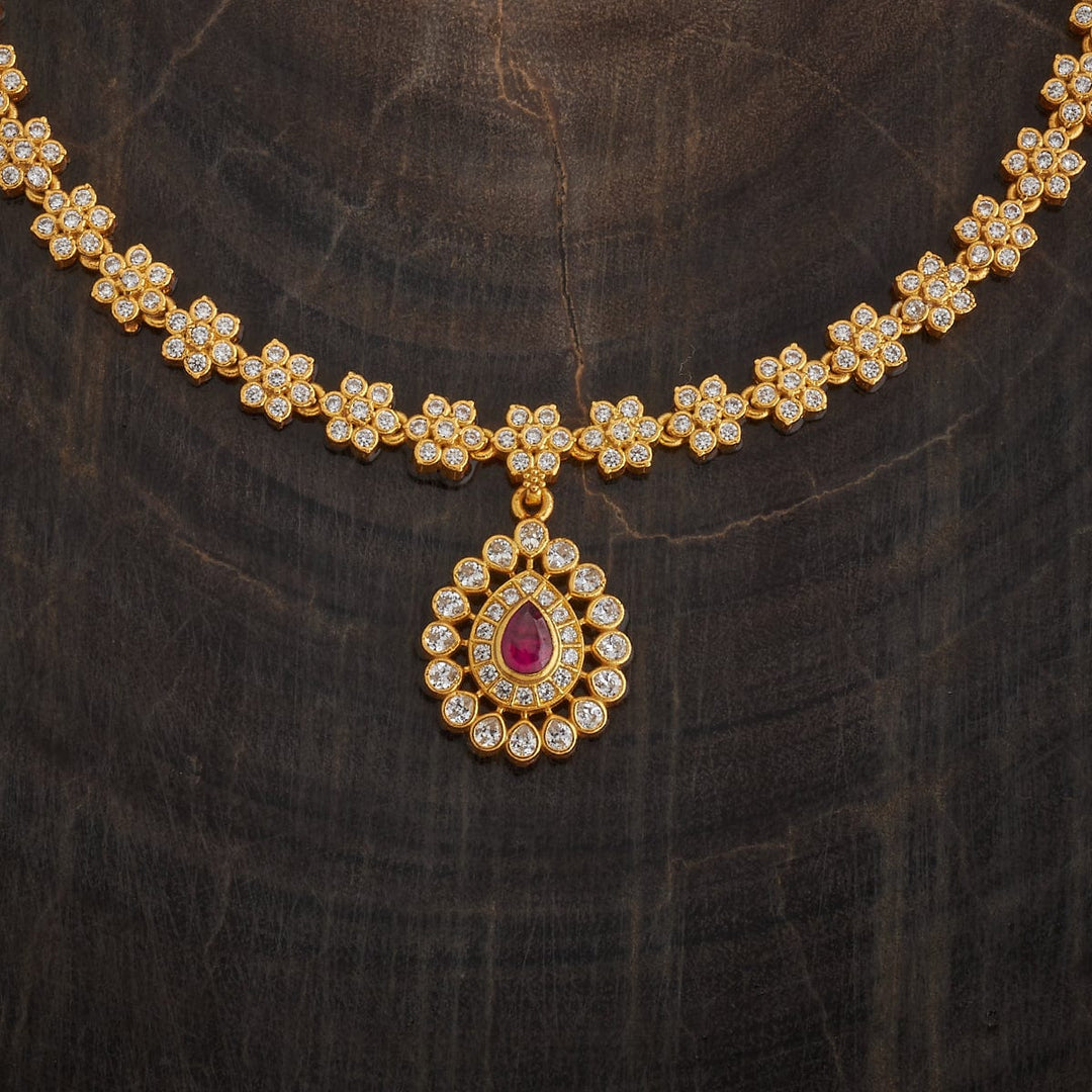 Pure 92.5 Silver Gold-Plated Pendant and White Stone Floral Design Necklace