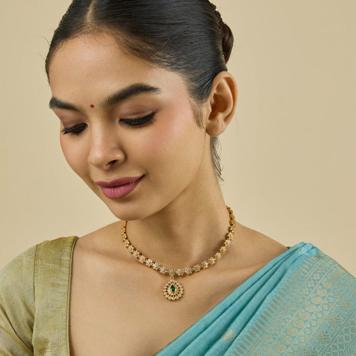 Pure 92.5 Silver Gold-Plated Pendant and White Stone Floral Design Necklace