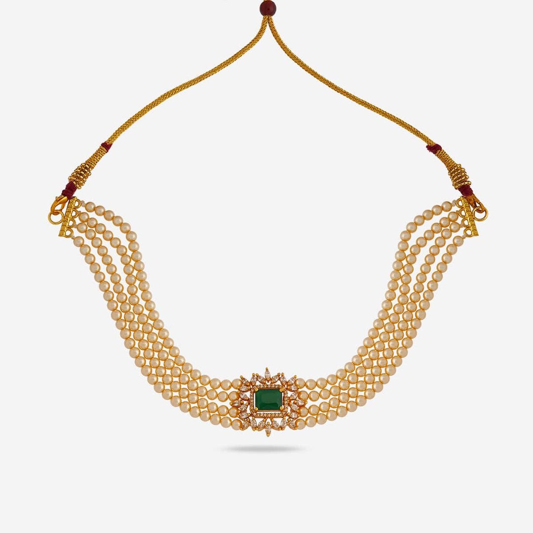 Pure 92.5 Silver, Gold Plated Multi-Strand Pearl Choker with Stone Pendant