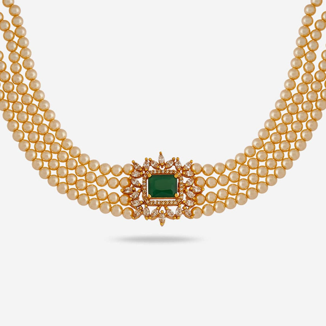 Pure 92.5 Silver, Gold Plated Multi-Strand Pearl Choker with Stone Pendant