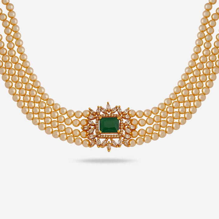 Pure 92.5 Silver, Gold Plated Multi-Strand Pearl Choker with Stone Pendant