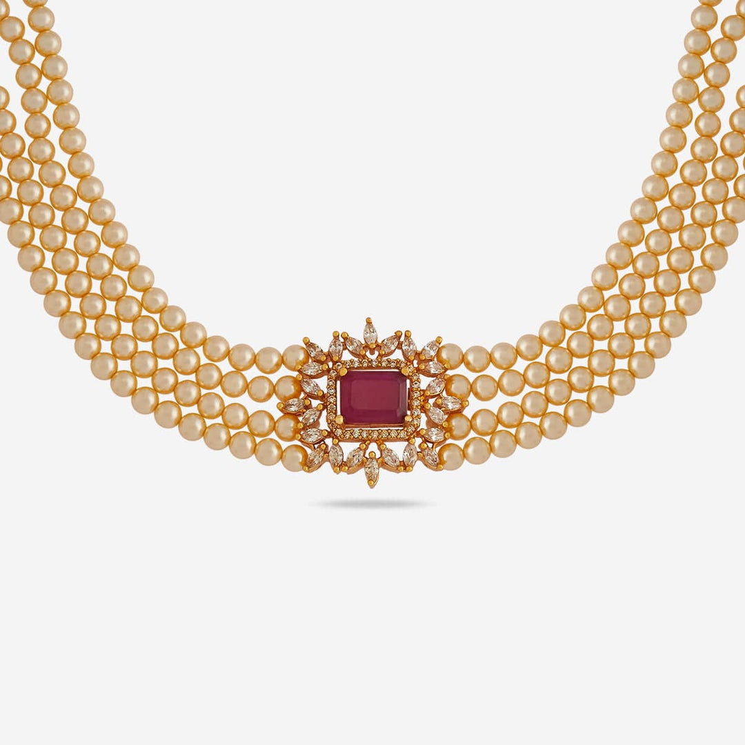 Pure 92.5 Silver, Gold Plated Multi-Strand Pearl Choker with Stone Pendant