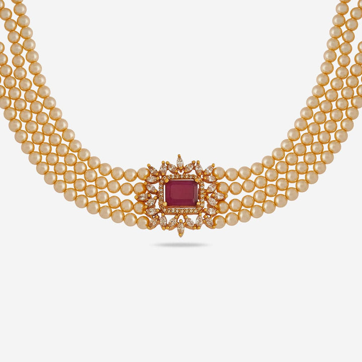 Pure 92.5 Silver, Gold Plated Multi-Strand Pearl Choker with Stone Pendant