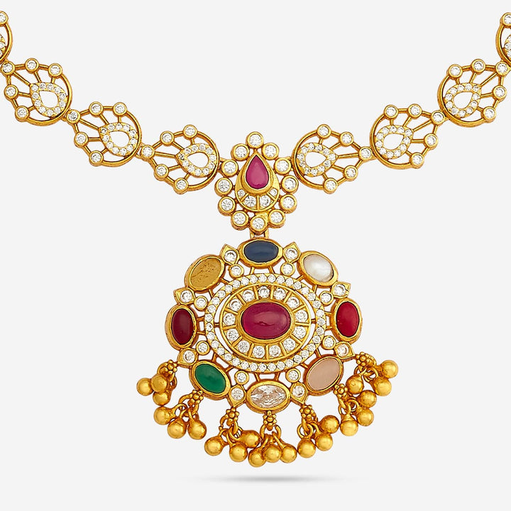 Pure 92.5 Silver, Gold Plated Traditional Floral Navaratna Necklace with Dangling Beads